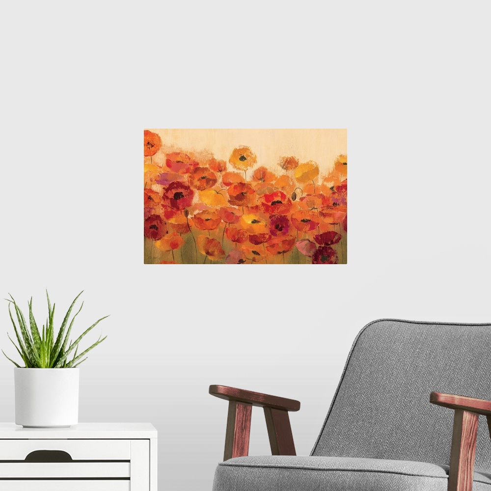 A modern room featuring Large painting of poppy flowers in bloom. The poppies are depicted in vibrant, warm tones.