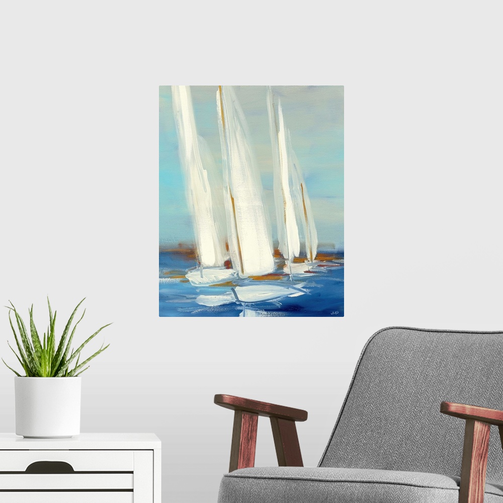 A modern room featuring Painting of sailboats in a regatta.