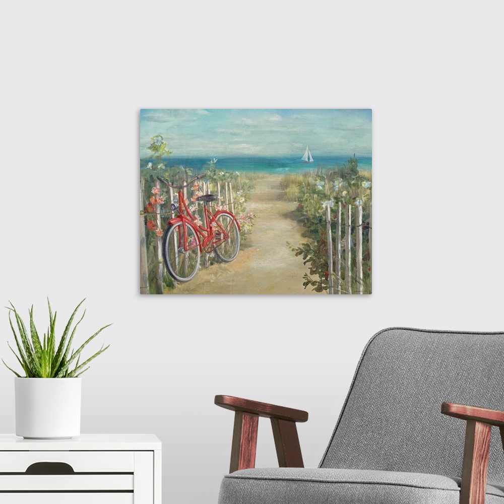 A modern room featuring Huge contemporary art depicts a path leading to a beach that is lined with lush vegetation and a ...