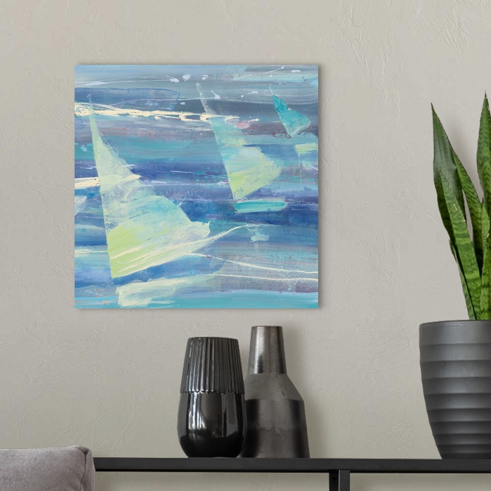 A modern room featuring Contemporary painting of three sailboats on the water in varying shades of blue and green.