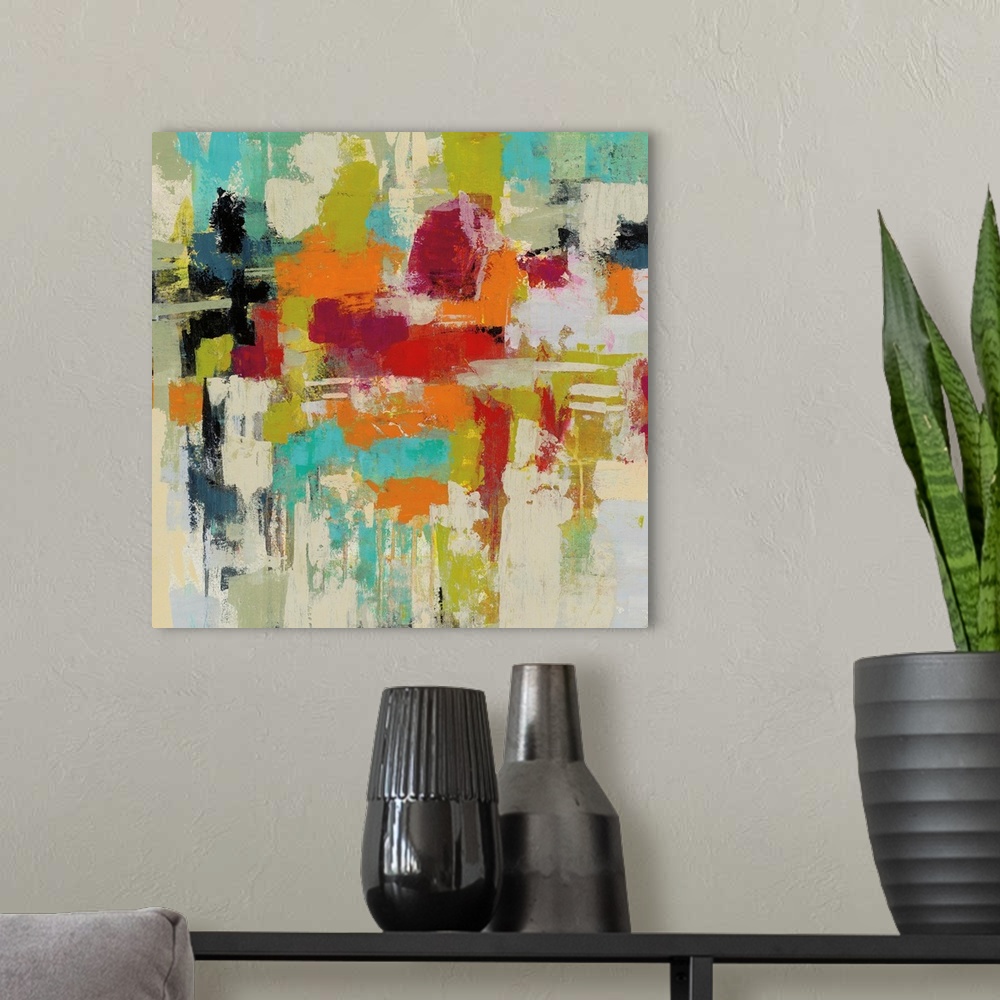 A modern room featuring Contemporary abstract painting using wild colors.