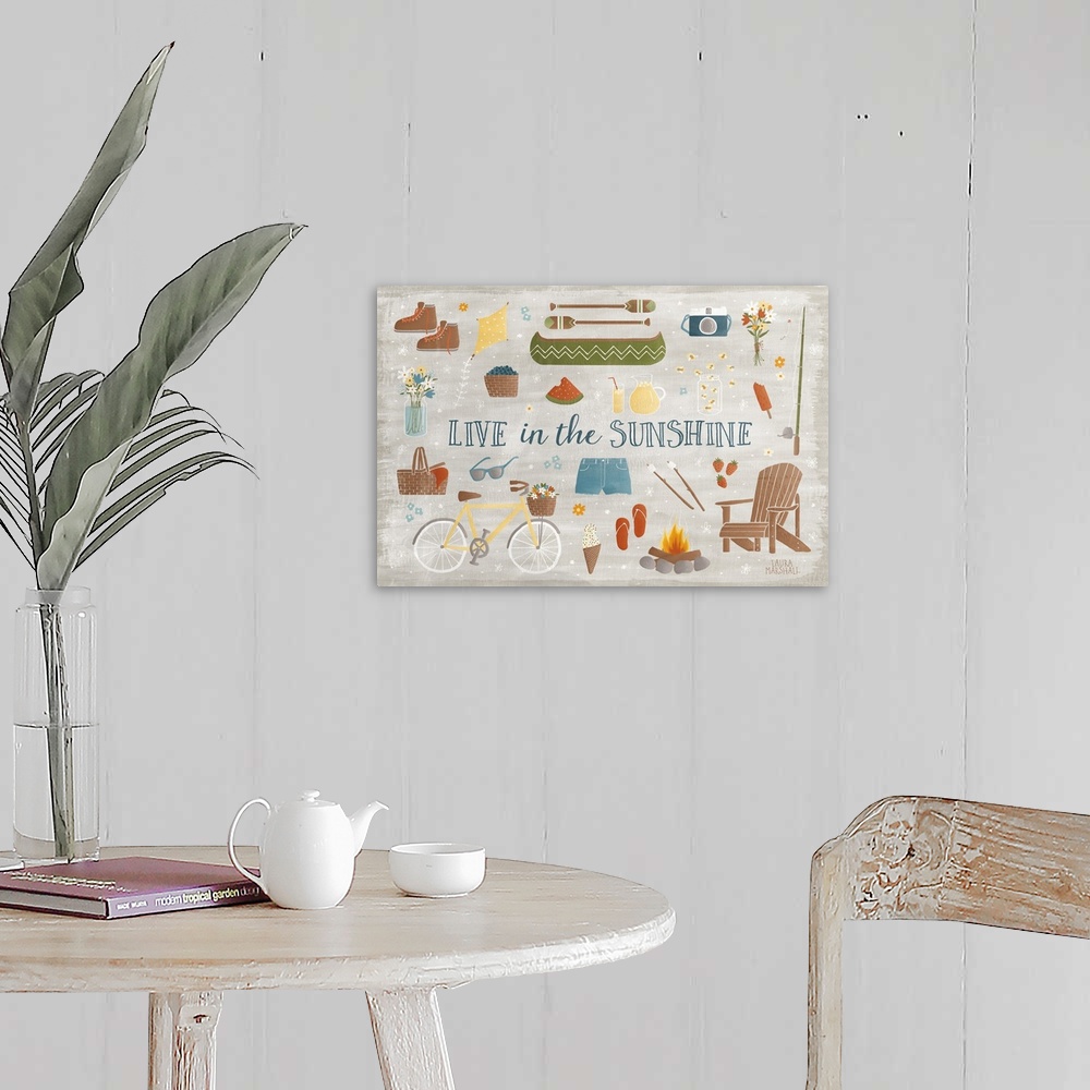 A farmhouse room featuring "Live in the Sunshine" large Summer/Spring decor with illustrations of outdoor activities.