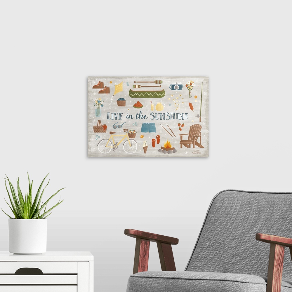 A modern room featuring "Live in the Sunshine" large Summer/Spring decor with illustrations of outdoor activities.