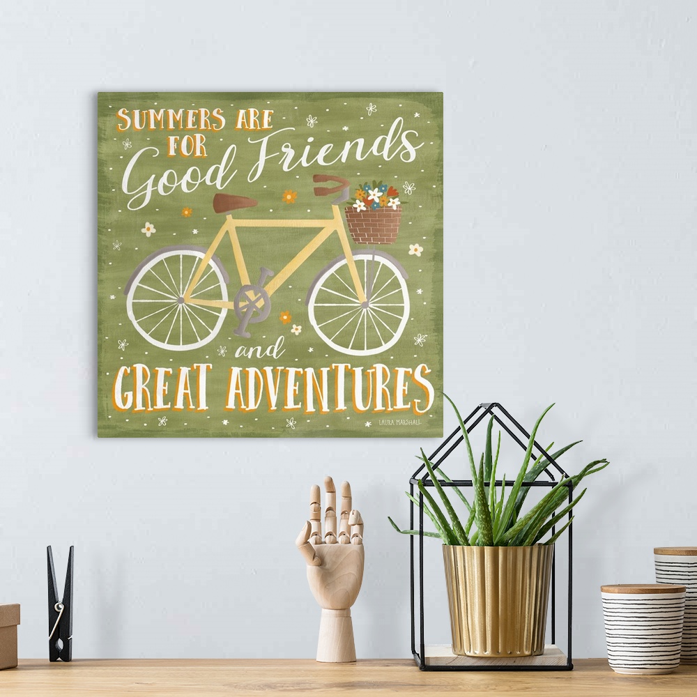 A bohemian room featuring "Summers Are For Good Friends and Great Adventures" square Summer decor with an illustration of a...