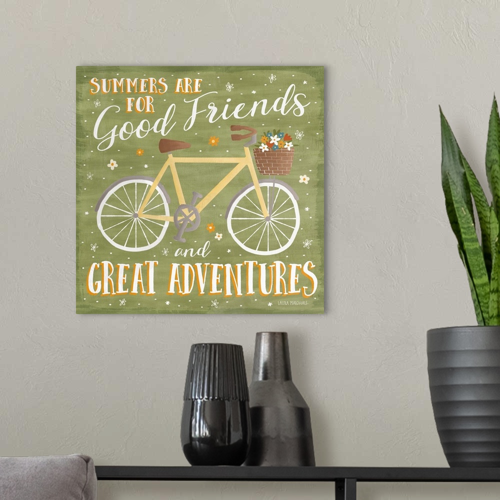 A modern room featuring "Summers Are For Good Friends and Great Adventures" square Summer decor with an illustration of a...