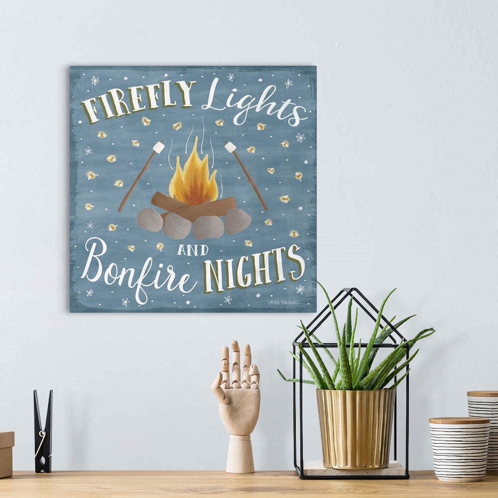 A bohemian room featuring "Firefly Lights and Bonfire Nights" square Summer decor with an illustration of a fire pit with r...
