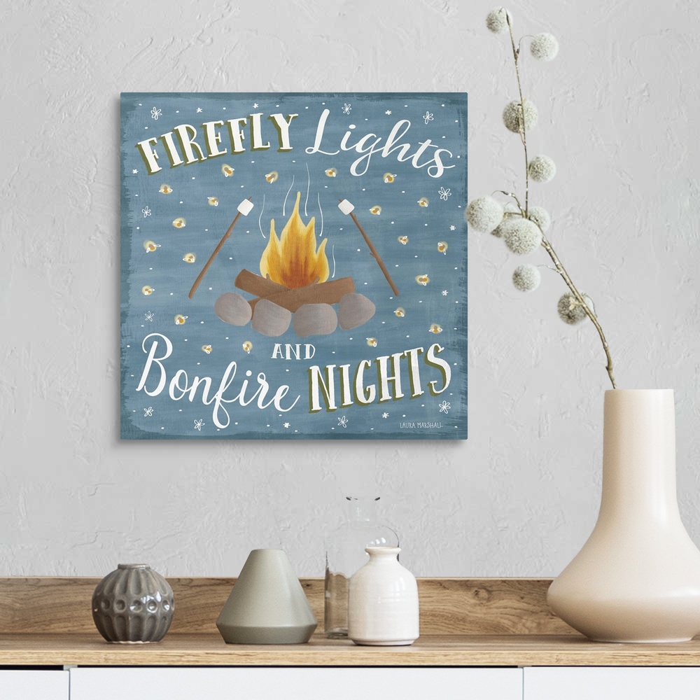 A farmhouse room featuring "Firefly Lights and Bonfire Nights" square Summer decor with an illustration of a fire pit with r...