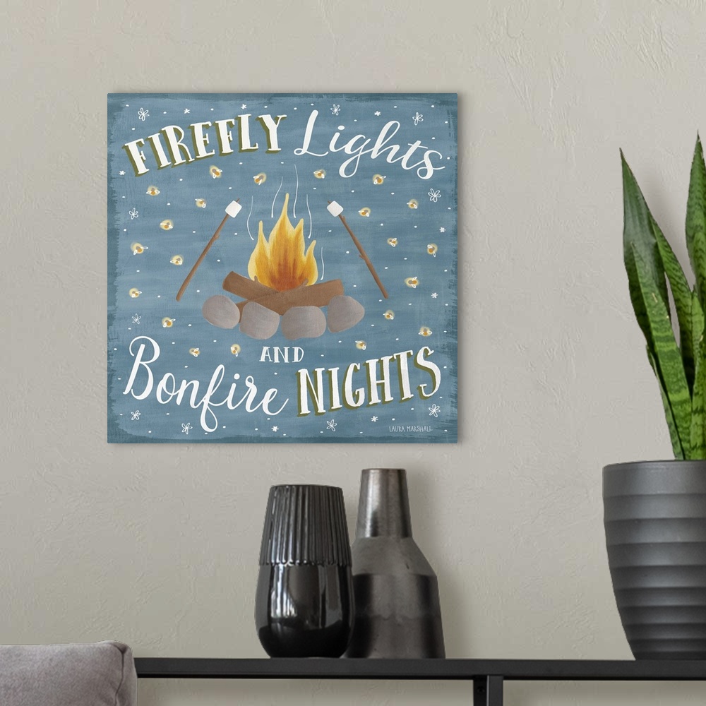 A modern room featuring "Firefly Lights and Bonfire Nights" square Summer decor with an illustration of a fire pit with r...