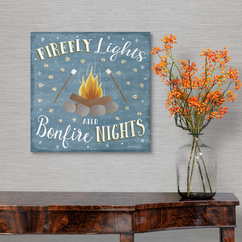 A traditional room featuring "Firefly Lights and Bonfire Nights" square Summer decor with an illustration of a fire pit with r...