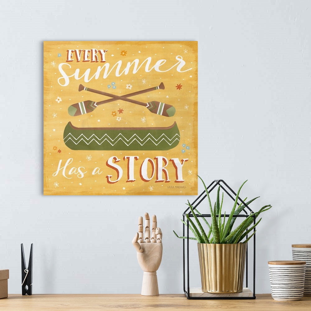 A bohemian room featuring "Every Summer Has a Story" square Summer decor with an illustration of a canoe with paddles and a...