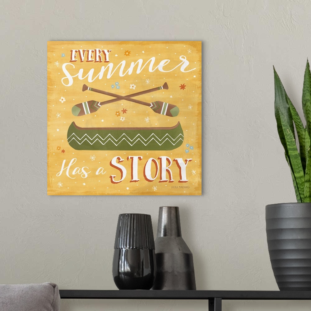 A modern room featuring "Every Summer Has a Story" square Summer decor with an illustration of a canoe with paddles and a...