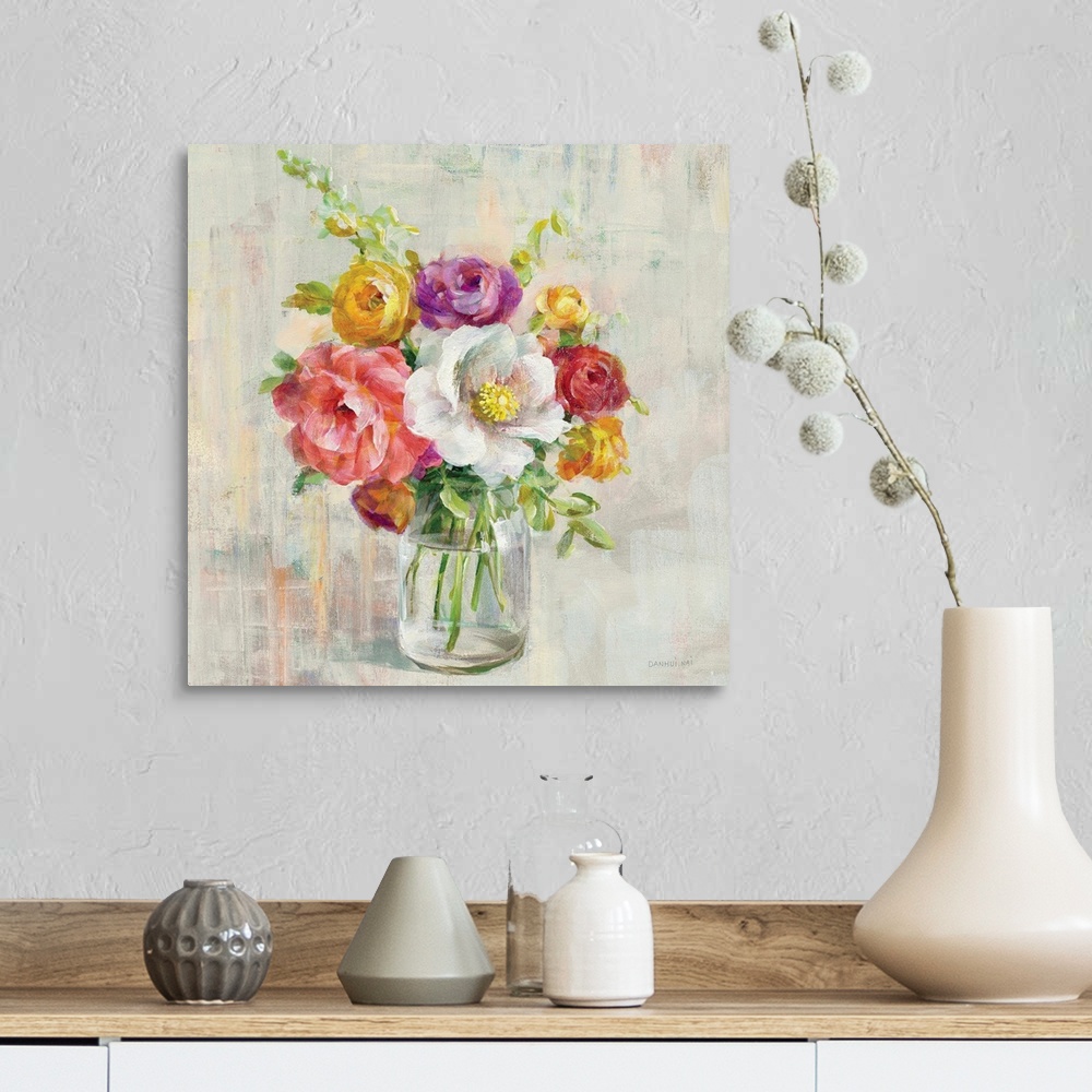 A farmhouse room featuring Contemporary home decor artwork of a bouquet of colorful flowers in a mason jar.
