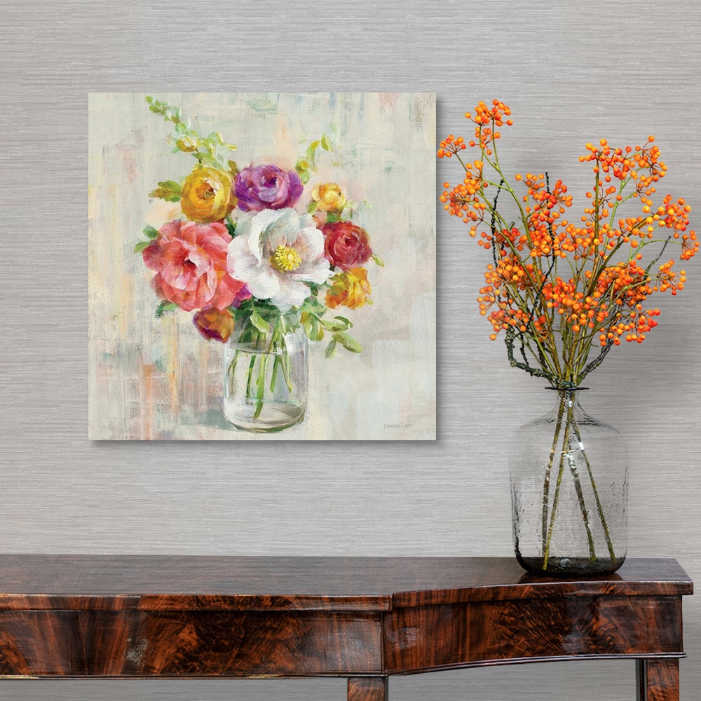 A traditional room featuring Contemporary home decor artwork of a bouquet of colorful flowers in a mason jar.