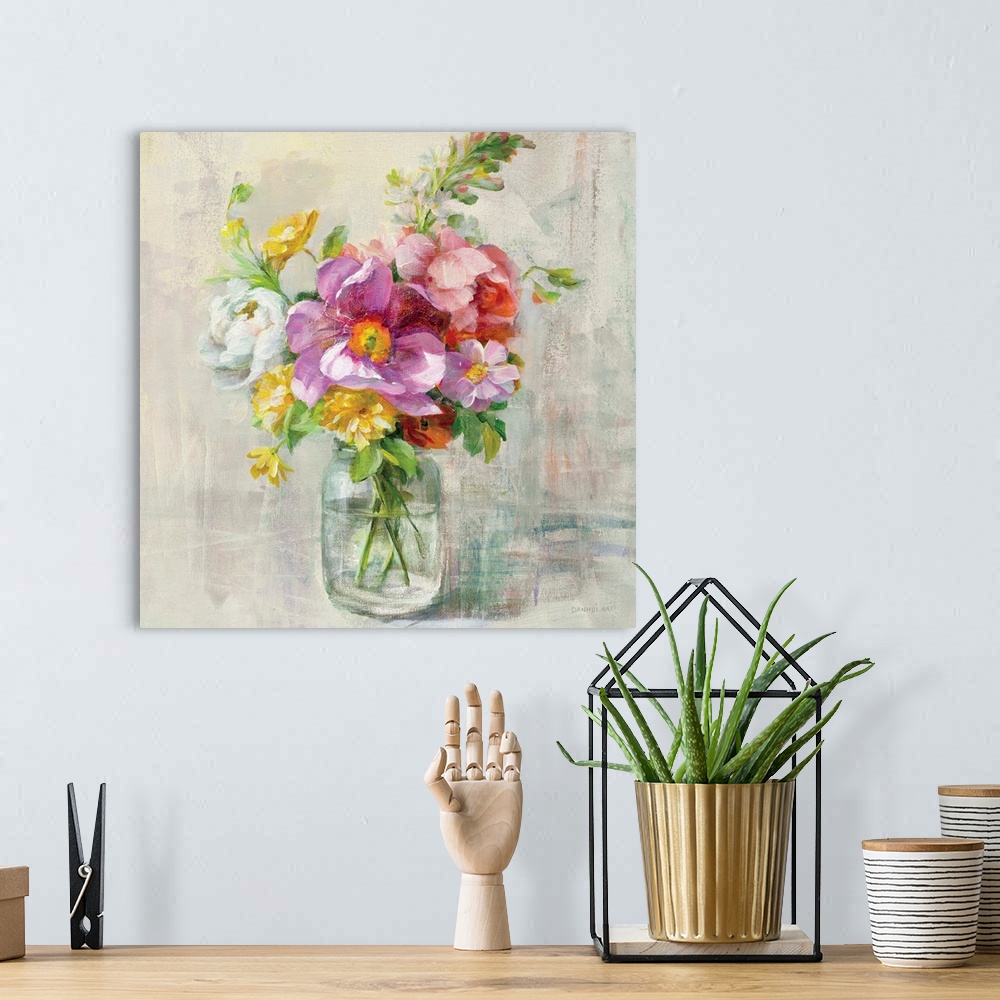 A bohemian room featuring Contemporary home decor artwork of a bouquet of colorful flowers in a mason jar.