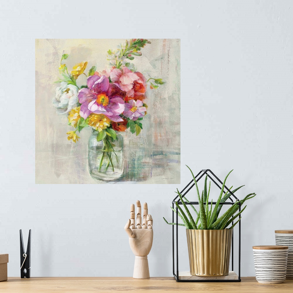 A bohemian room featuring Contemporary home decor artwork of a bouquet of colorful flowers in a mason jar.