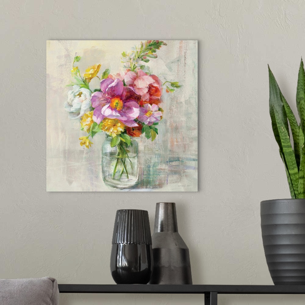 A modern room featuring Contemporary home decor artwork of a bouquet of colorful flowers in a mason jar.