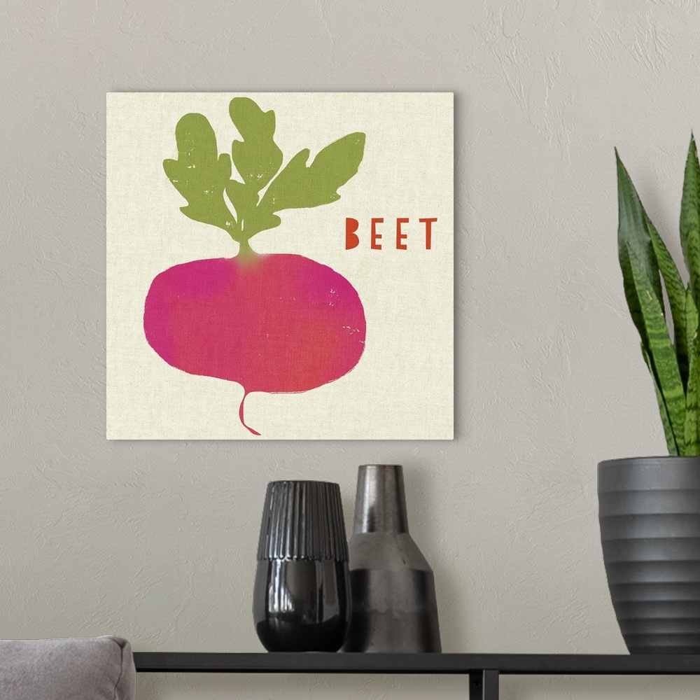 A modern room featuring Contemporary kitchen decor of a beet against a neutral background.