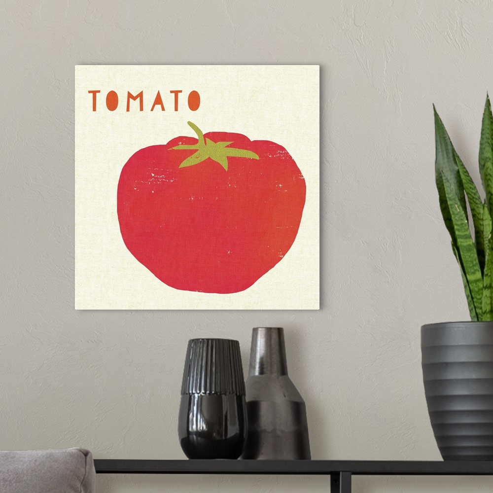 A modern room featuring Contemporary kitchen decor of a tomato against a neutral background.
