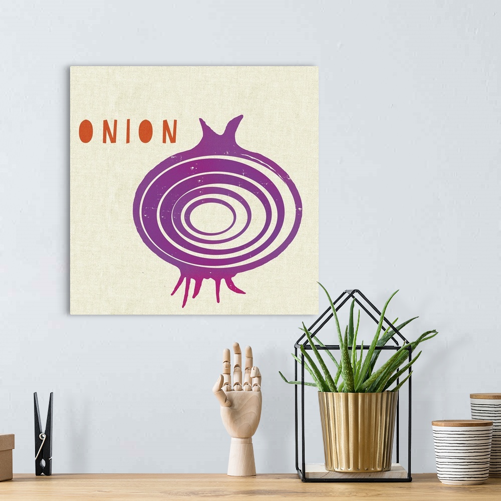 A bohemian room featuring Contemporary kitchen decor of an onion against a neutral background.