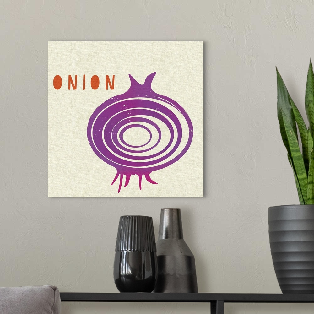 A modern room featuring Contemporary kitchen decor of an onion against a neutral background.