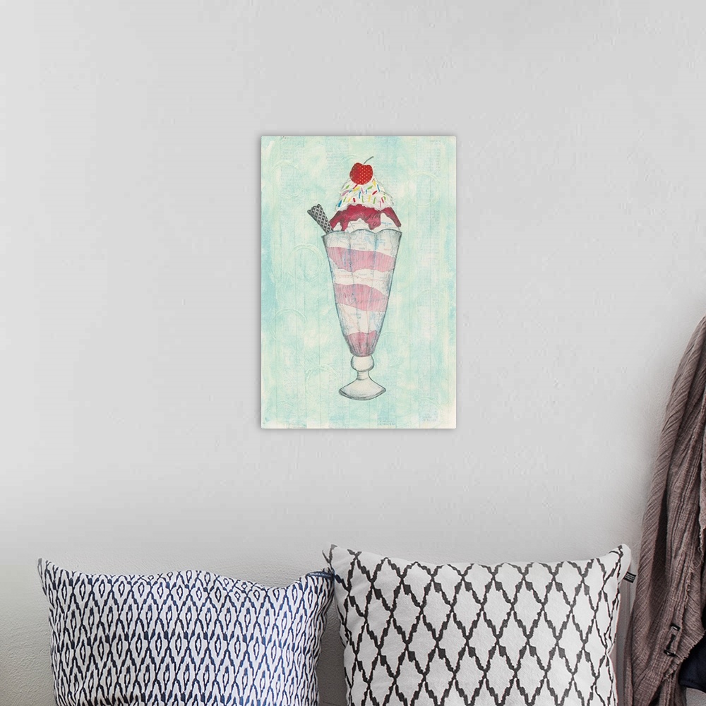 A bohemian room featuring Cute painting of ice cream in a tall glass with a cherry on top.