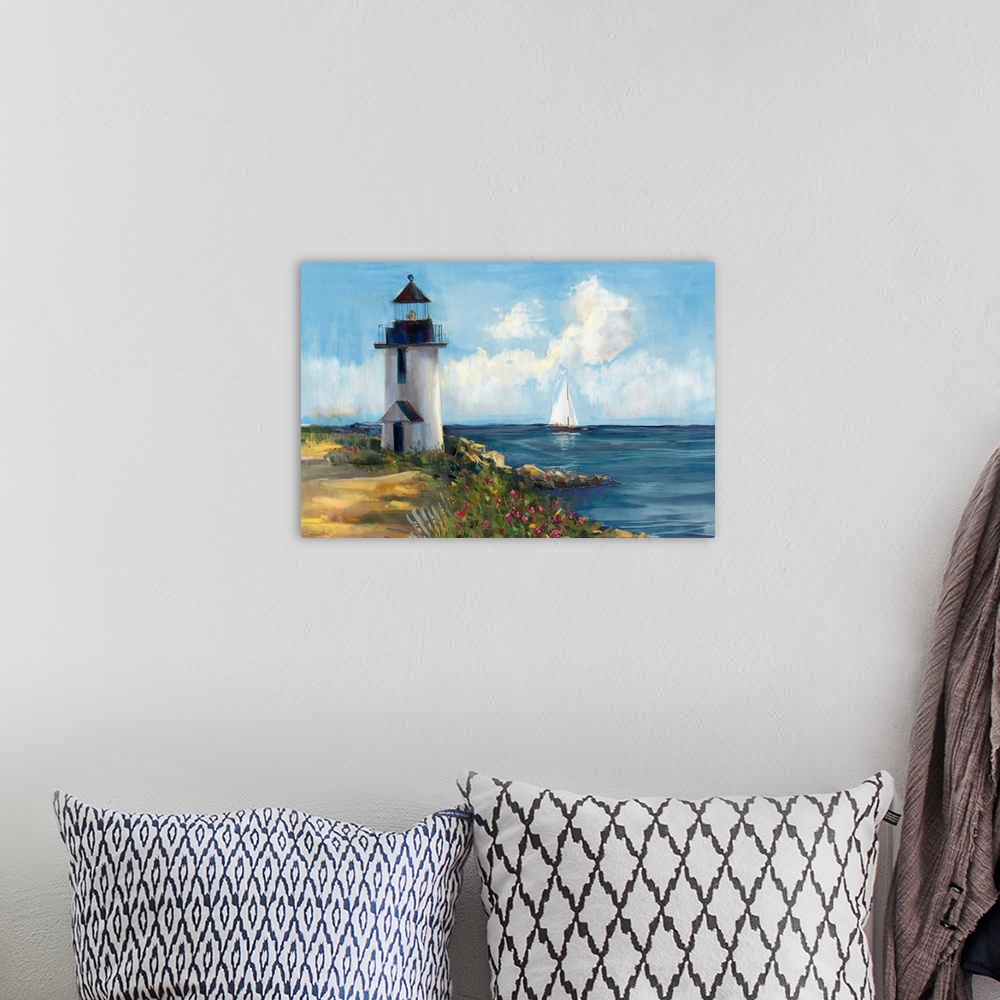 A bohemian room featuring Peaceful contemporary artwork of a lighthouse on the coast with a small fence and flowers, a sail...