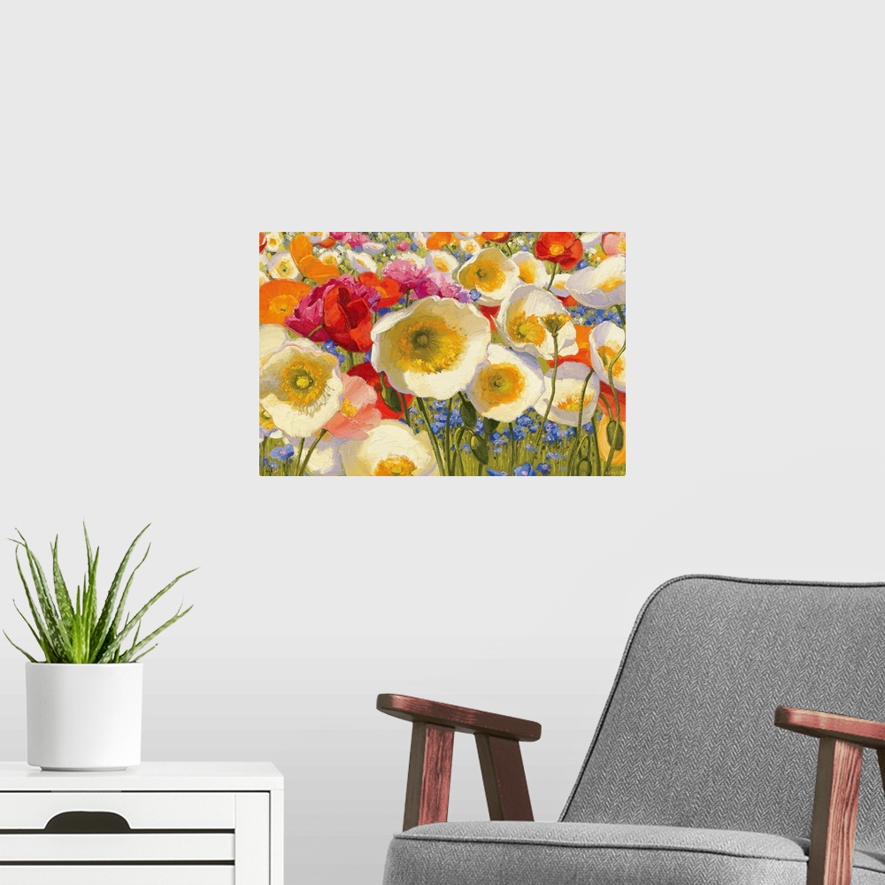 A modern room featuring Close up nature painting of different floral plants and poppies. Horizontal wall art for the livi...