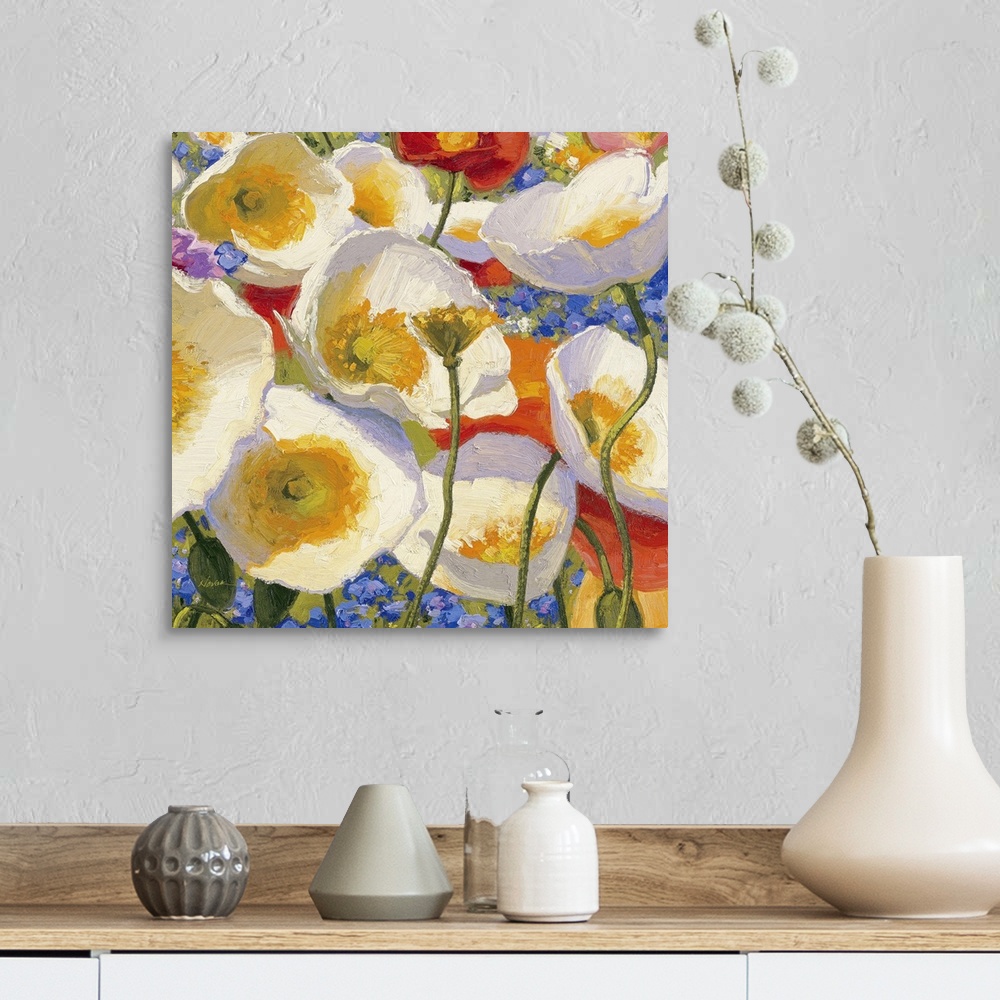 A farmhouse room featuring Square painting of various colored flowers on canvas.