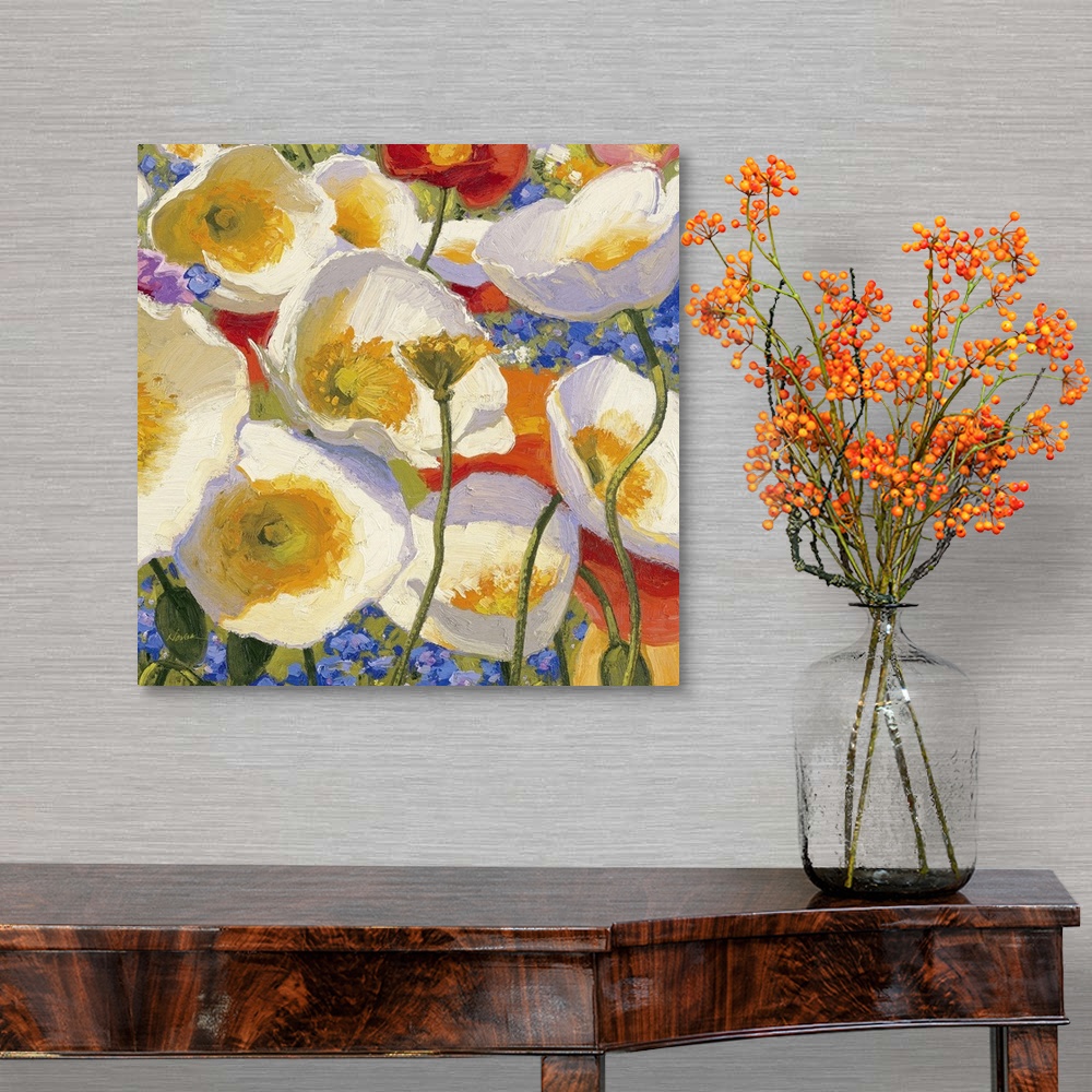A traditional room featuring Square painting of various colored flowers on canvas.