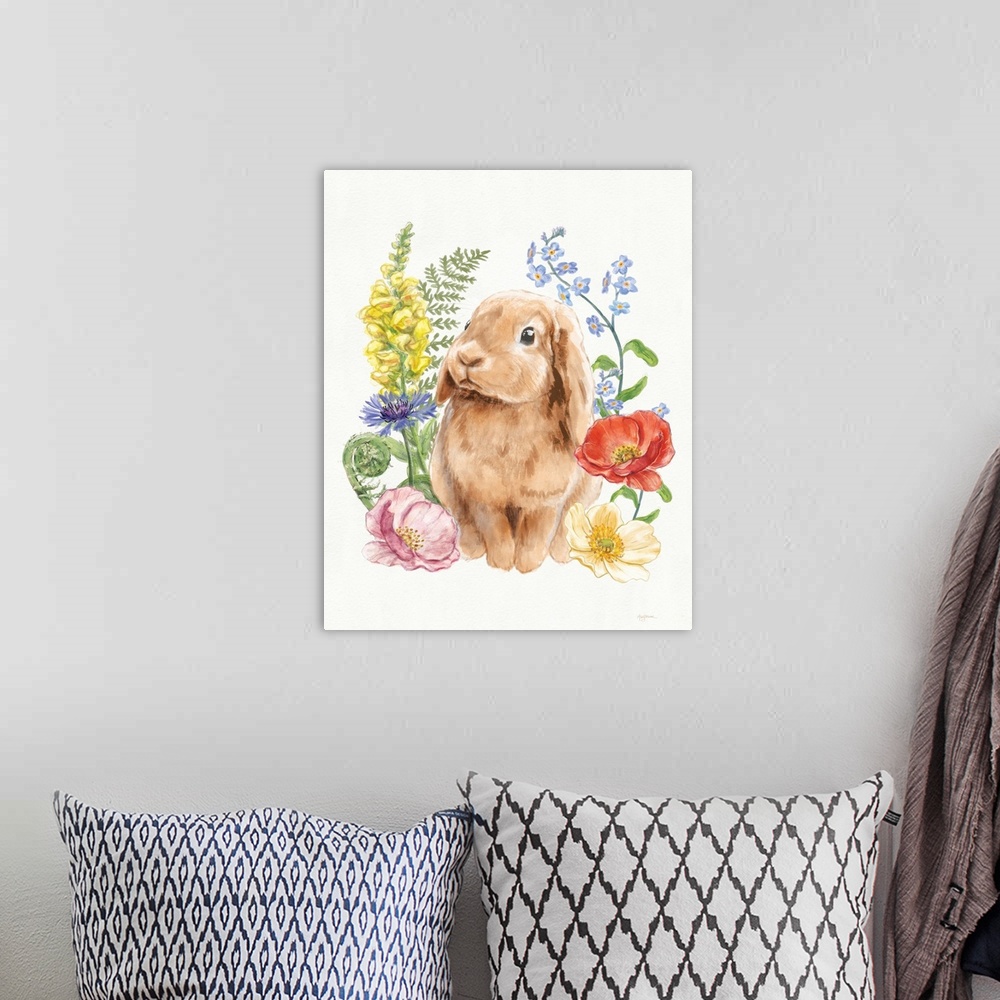 A bohemian room featuring Spring watercolor decor with cute brown bunny surrounded by wildflowers.