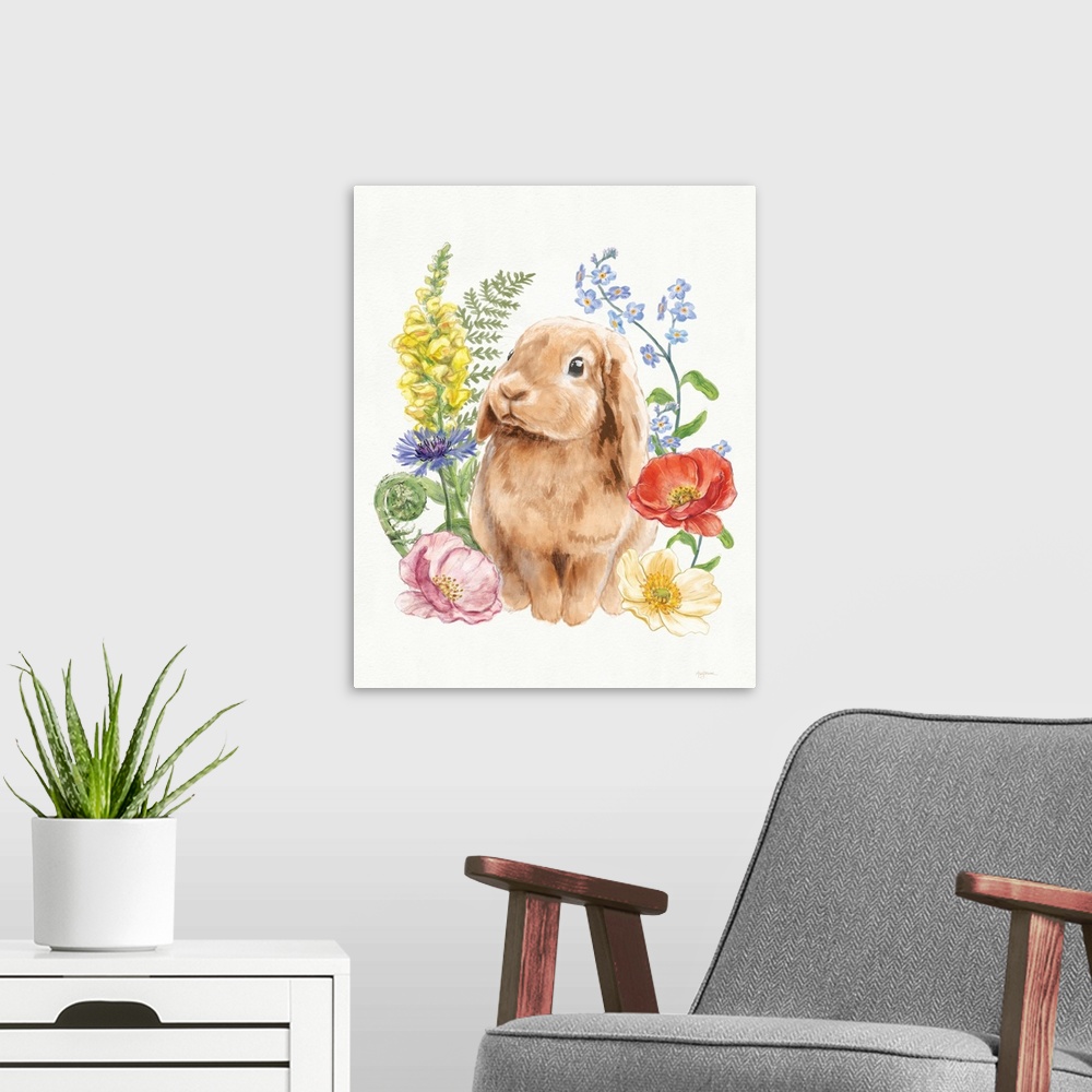 A modern room featuring Spring watercolor decor with cute brown bunny surrounded by wildflowers.