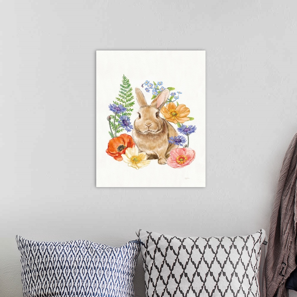 A bohemian room featuring Spring watercolor decor with cute brown bunny surrounded by wildflowers.