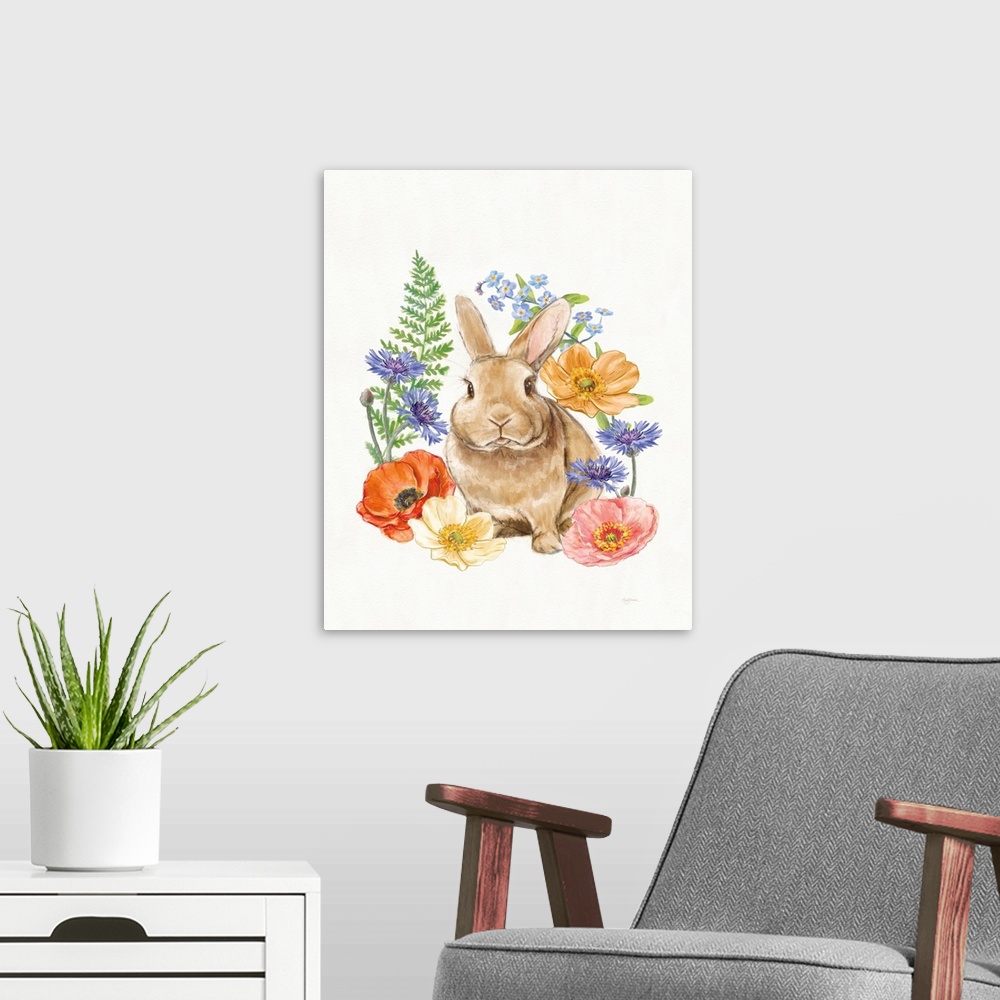 A modern room featuring Spring watercolor decor with cute brown bunny surrounded by wildflowers.