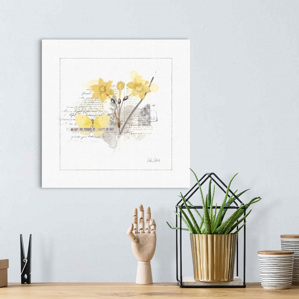 A bohemian room featuring Square watercolor painting with a yellow butterfly and flowers and a collage of black text and po...