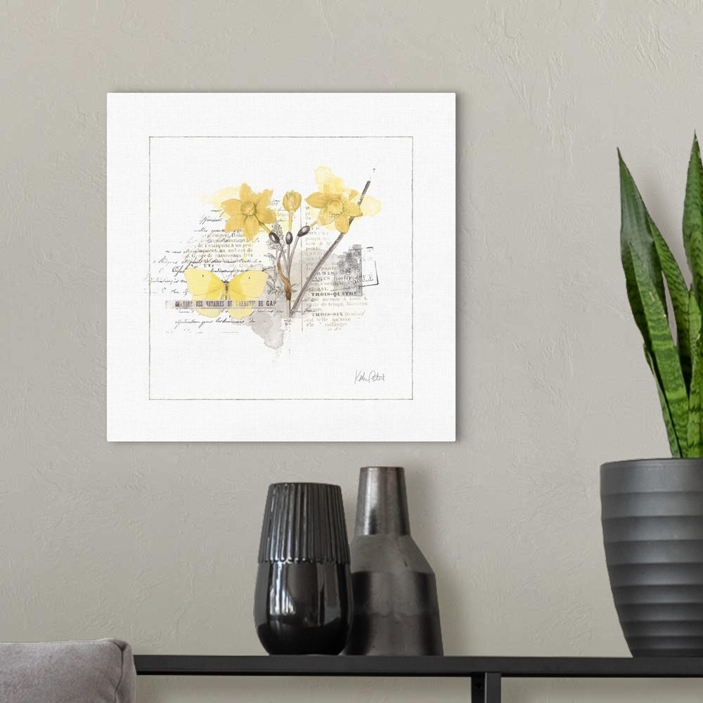 A modern room featuring Square watercolor painting with a yellow butterfly and flowers and a collage of black text and po...