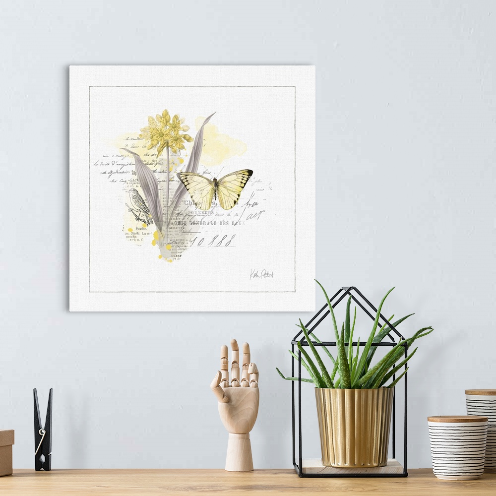 A bohemian room featuring Square watercolor painting with a yellow butterfly and flowers and a collage of black text and po...