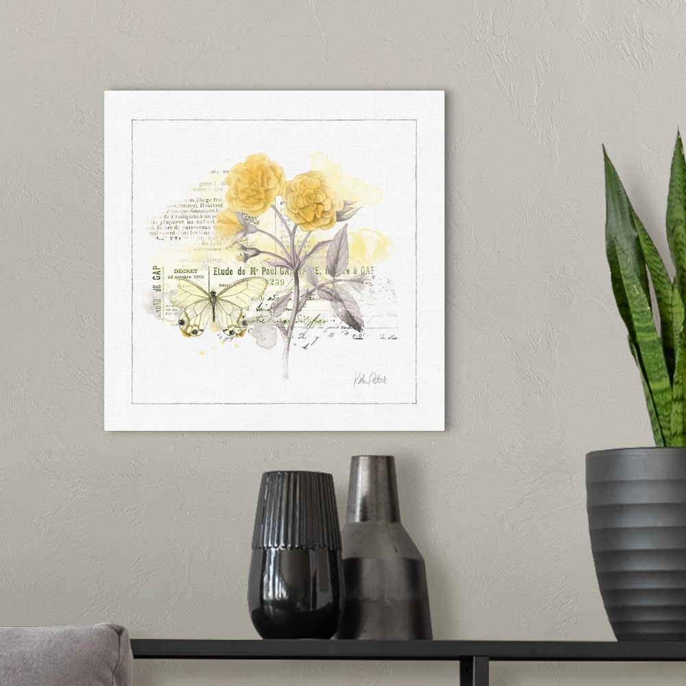 A modern room featuring Square watercolor painting with a yellow butterfly and flowers and a collage of black text and po...