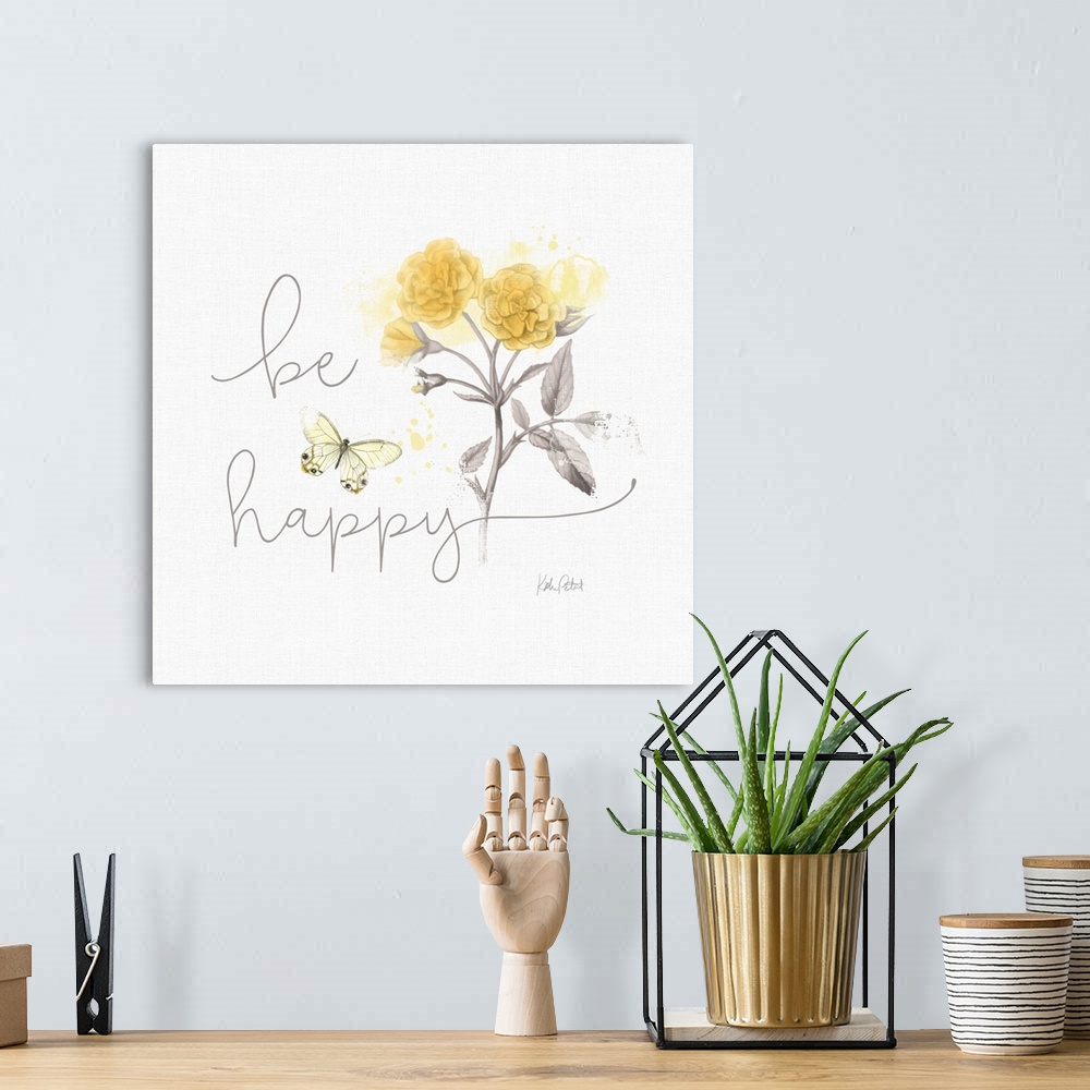 A bohemian room featuring Square watercolor painting of yellow daffodils and a butterfly with the phrase "be happy" written...