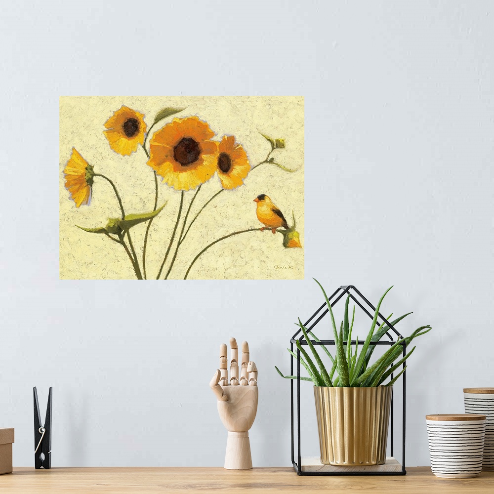 A bohemian room featuring Contemporary painting of bright yellow flowers against a beige background.