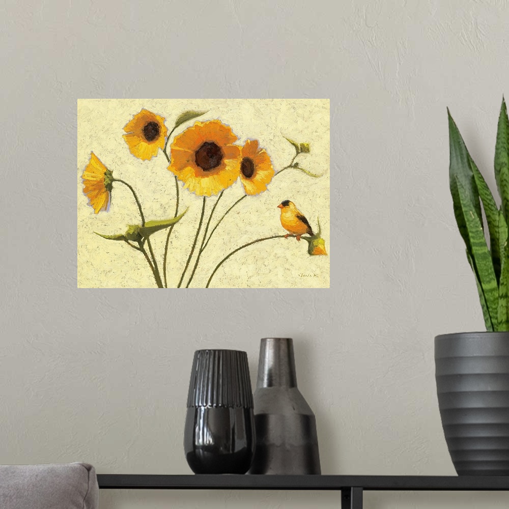A modern room featuring Contemporary painting of bright yellow flowers against a beige background.