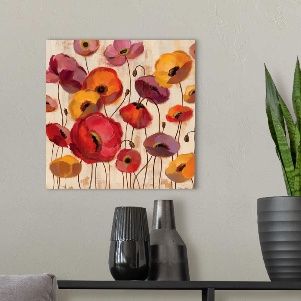 A modern room featuring Big canvas painting of various summer colored flowers on a textured background.