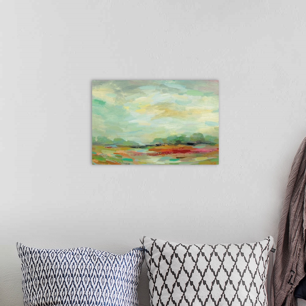 A bohemian room featuring Colorful abstract landscape resembling a field at sunrise created with small horizontal brushstro...