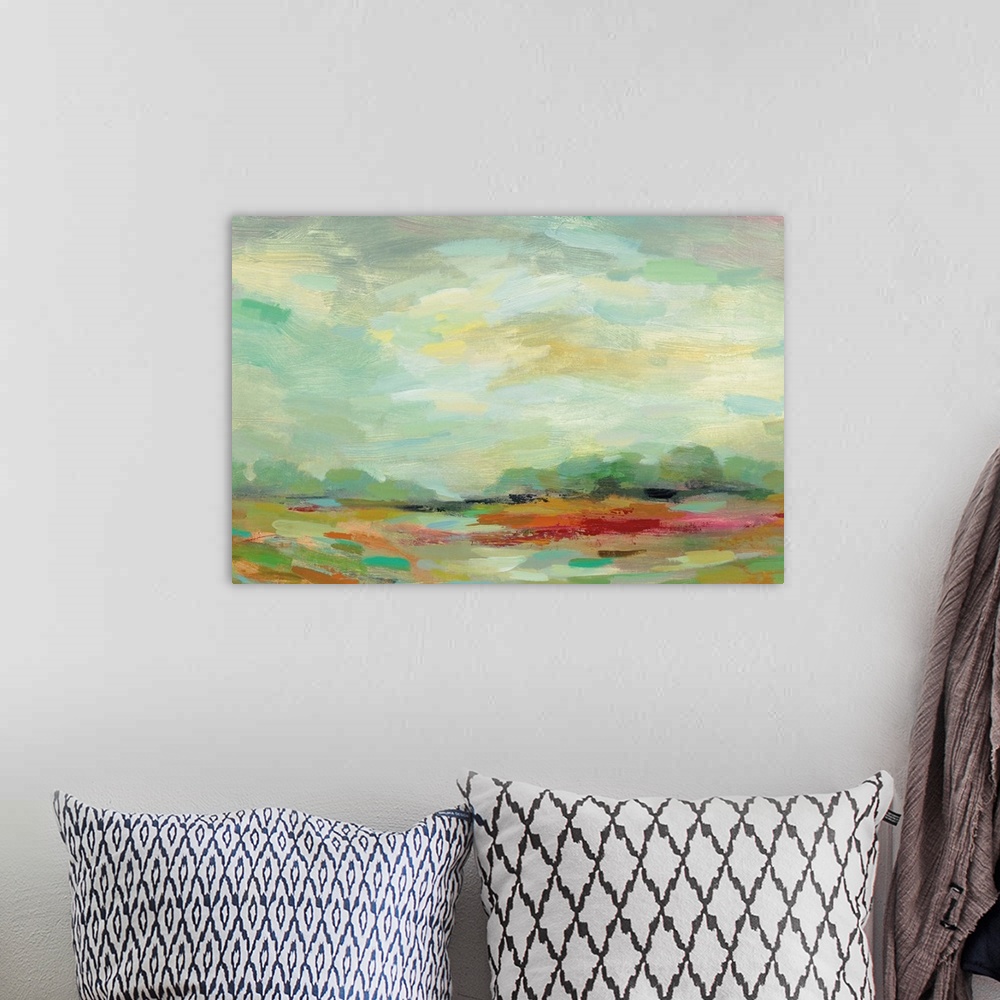 A bohemian room featuring Colorful abstract landscape resembling a field at sunrise created with small horizontal brushstro...