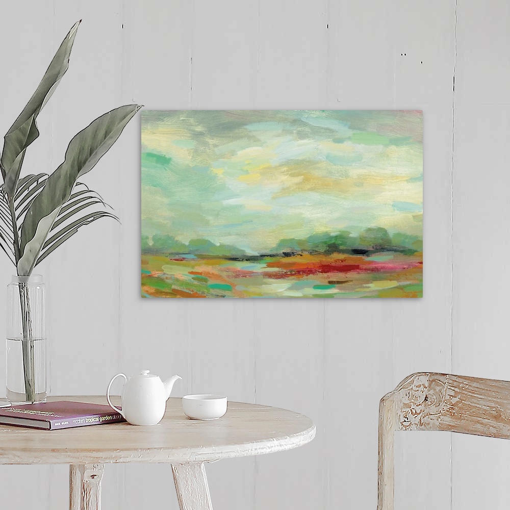 A farmhouse room featuring Colorful abstract landscape resembling a field at sunrise created with small horizontal brushstro...