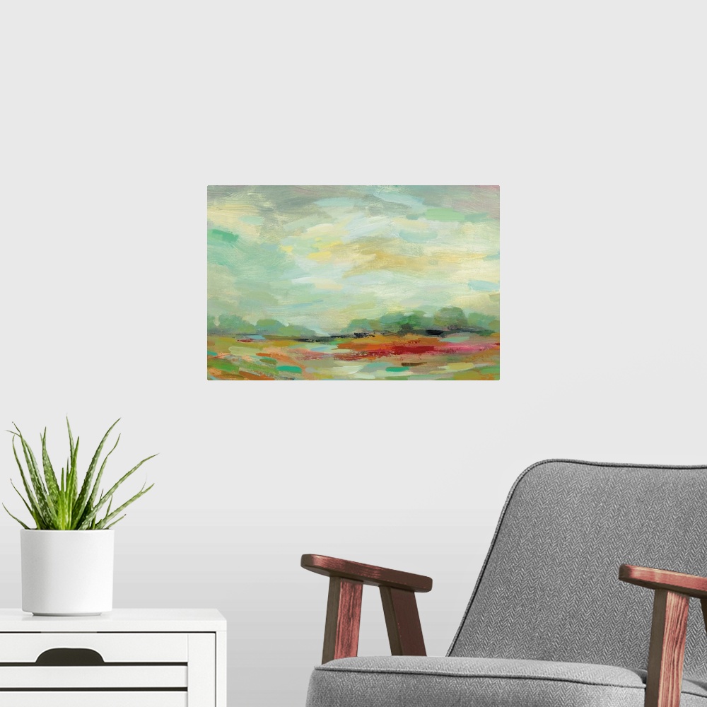 A modern room featuring Colorful abstract landscape resembling a field at sunrise created with small horizontal brushstro...