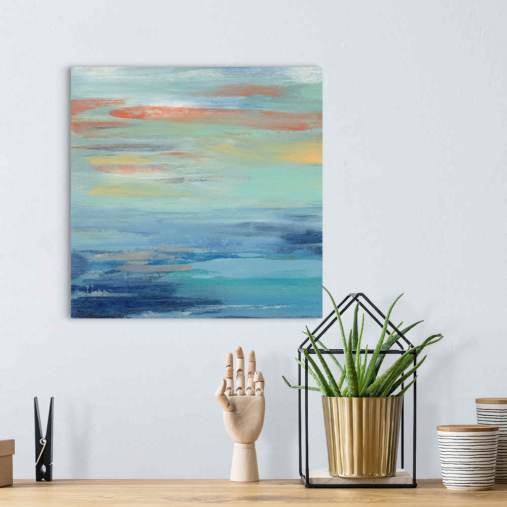 A bohemian room featuring Contemporary abstract painting using soft coastal colors.