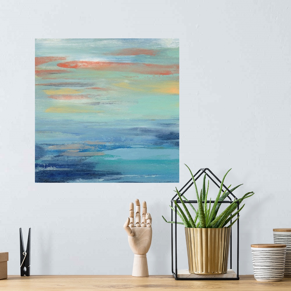 A bohemian room featuring Contemporary abstract painting using soft coastal colors.