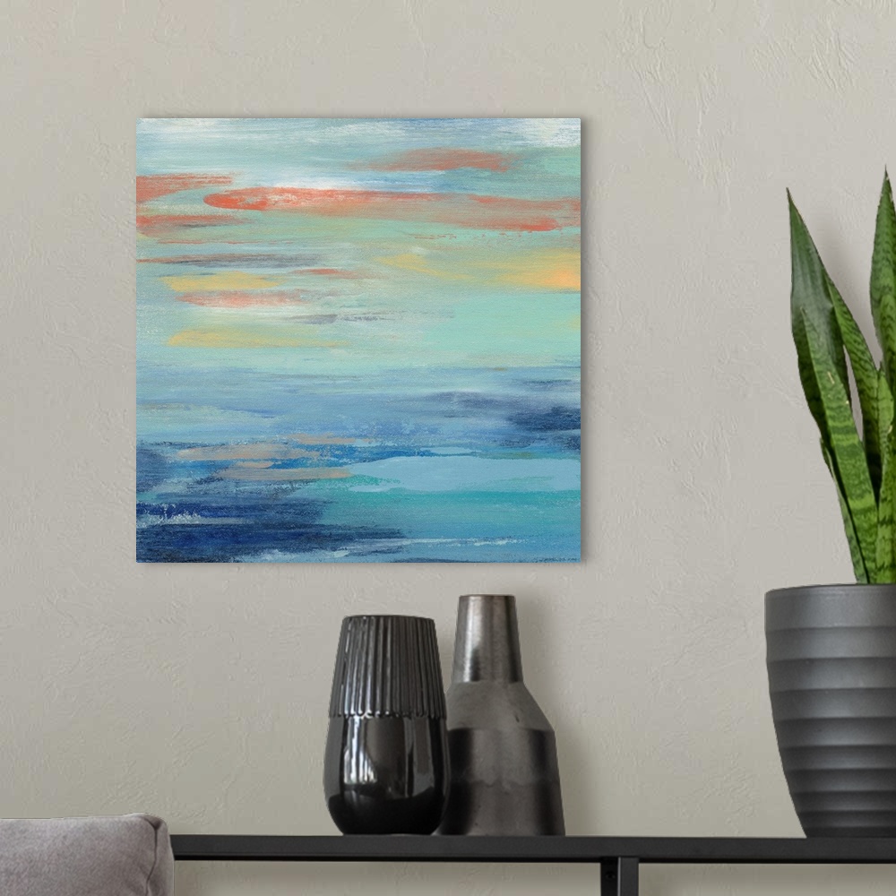 A modern room featuring Contemporary abstract painting using soft coastal colors.