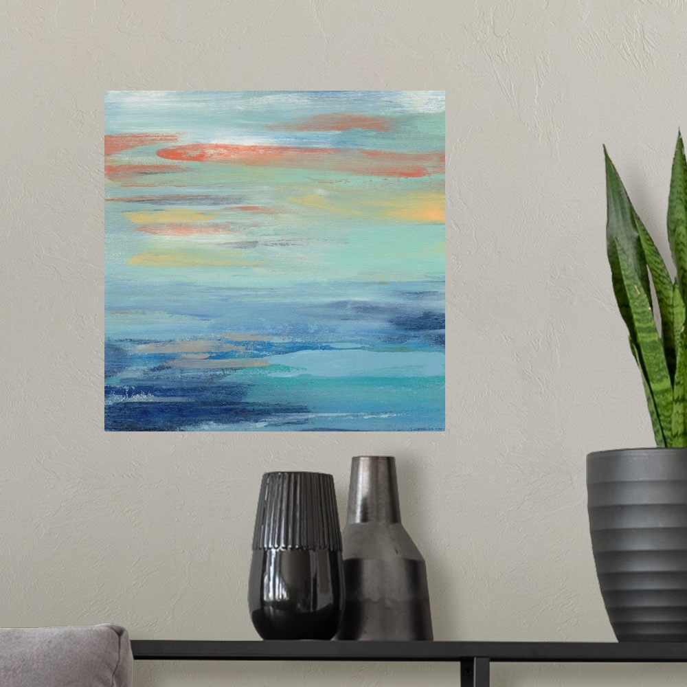 A modern room featuring Contemporary abstract painting using soft coastal colors.