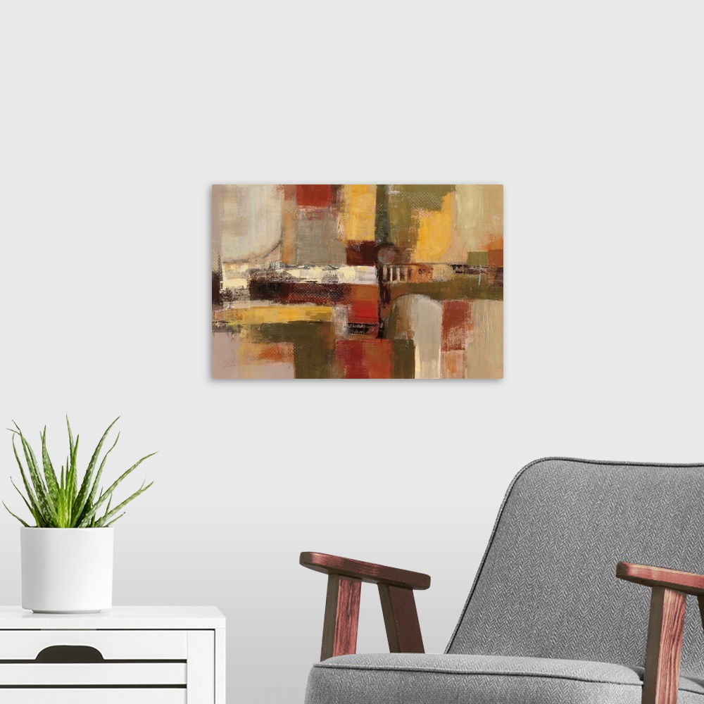 A modern room featuring Contemporary abstract artwork in neutral, earthy tones.